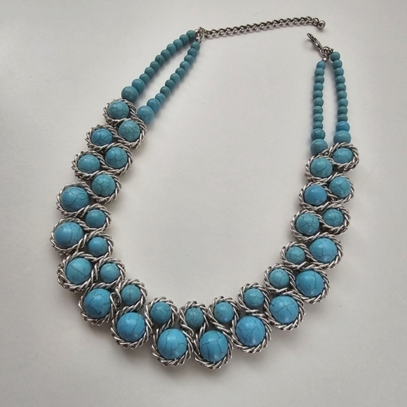 NEW Turquoise Stone Silver Metal Braided Cluster Collar Necklace Set - Picture 1 of 8